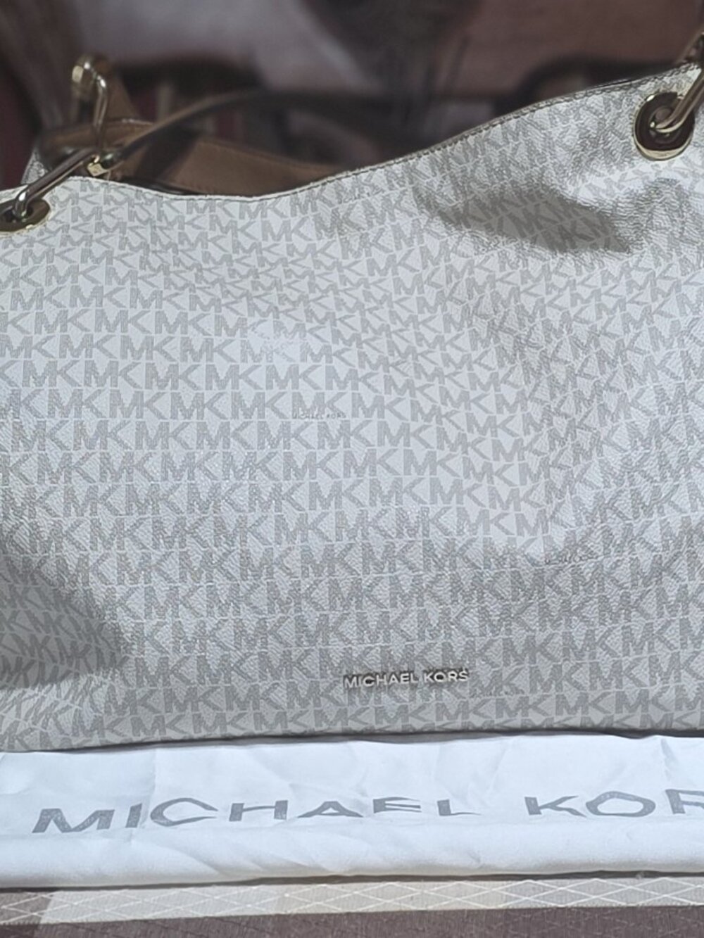Michael Kors Bedford Large Vanilla Monogram Shoulder Bag Hobo Leather Trim